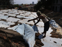 An Indian worker puts strips of leather to dry at a tannery in Kolkata,India on October 11,2020. (