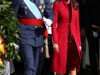 King Felipe VI of Spain, Queen Letizia of Spain,  attend the National Day Military Parade at the Royal Palace on October 12, 2020 in Madrid,...