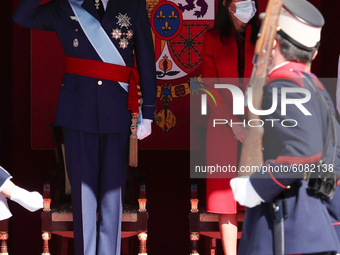 King Felipe VI of Spain, Queen Letizia of Spain,attend the National Day Military Parade at the Royal Palace on October 12, 2020 in Madrid, S...