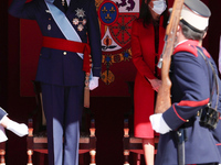 King Felipe VI of Spain, Queen Letizia of Spain,attend the National Day Military Parade at the Royal Palace on October 12, 2020 in Madrid, S...