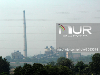 A view of Power Plant on a hazy day as air quality deteriorates in the capital, at Laxmi Nagar, on October 12, 2020 in New Delhi, India. The...