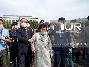 The Japanese military comfort women victim, Lee Yong-soo leaves after the press conference at the Yeouido National Assembly in Seoul, South...