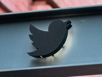 A view of the Twitter logo at their New York City headquarters on October 14, 2020. Facebook And Twitter Limit Sharing New York Post Story A...