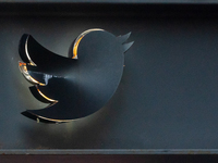 A view of the Twitter logo at their New York City headquarters on October 14, 2020. Facebook And Twitter Limit Sharing New York Post Story A...
