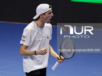 Ugo Humbert of France celebrates during his ATP St. Petersburg Open 2020 international tennis tournament match against Andrey Rublev of Russ...