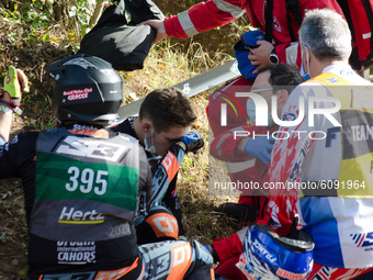 FIM Trial125 World Championships; Enzo Rossi, Scorpa Team, in in an accident during the FIM Trial125 World Championships in Lazzate, Italy,...
