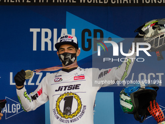 Pau Martinez, Vertigo Team (gold medal) celebrate on the podium during the FIM Trial125 World Championships Lazzate, Italy, on October  (