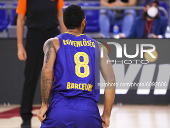 Adam Hanga with the word equality in Hungarian on the back of his shirt during the match between FC Barcelona and Panathinaikos BC, correspo...