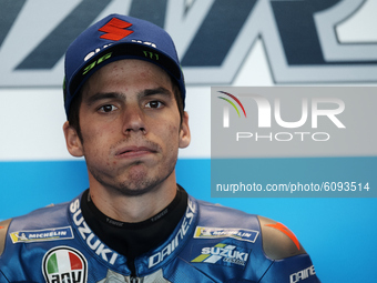 Joan Mir (36) of Spain and Team Suzuki Ecstar sitting inside his box during the free practice for the MotoGP of Aragon at Motorland Aragon C...
