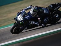 Maverick Vinales (12) of Spain and Monster Energy Yamaha MotoGP rounds the bend during the free practice for the MotoGP of Aragon at Motorla...