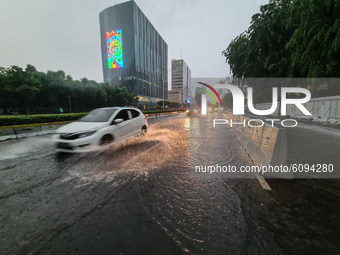 View of streets in Jakarta, Indonesia covered with water as heavy rain hit the area on 16 October 2020. Jakarta Governor Anies Baswedan has...