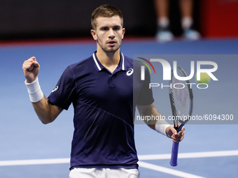 Borna Coric of Croatia reacts during his ATP St. Petersburg Open 2020 international tennis tournament quarter-final match against Reilly Ope...