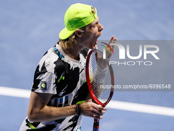 Denis Shapovalov of Canada reacts during his ATP St. Petersburg Open 2020 international tennis tournament semi-final match against Andrey Ru...