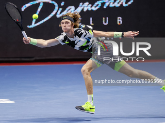 Andrey Rublev of Russia returns the ball to Denis Shapovalov of Canada during their ATP St. Petersburg Open 2020 international tennis tourna...