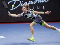 Andrey Rublev of Russia returns the ball to Denis Shapovalov of Canada during their ATP St. Petersburg Open 2020 international tennis tourna...