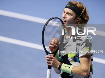 Andrey Rublev of Russia reacts during his ATP St. Petersburg Open 2020 international tennis tournament semi-final match against Denis Shapov...