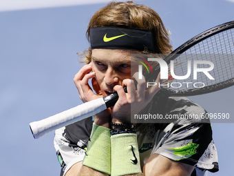 Andrey Rublev of Russia reacts during his ATP St. Petersburg Open 2020 international tennis tournament semi-final match against Denis Shapov...
