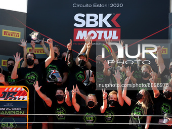 British Jonathan Rea (C ) of Kawasaki Racing Team Worldsbk celebrates with the team after winning the sixth World Title in a row during the...