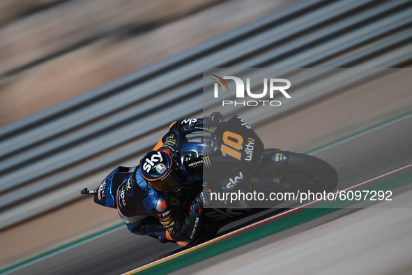 Luca Marini (10) of Italy and Sky Racing Team VR46 Kalex during the qualifying for the MotoGP of Aragon at Motorland Aragon Circuit on Octob...