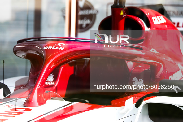 Halo system is seen on the Formula 1 car Sauber C-37 in the livery of Alfa Romeo Racing-Ferrari, in the showcase at a gas station in Krakow,...