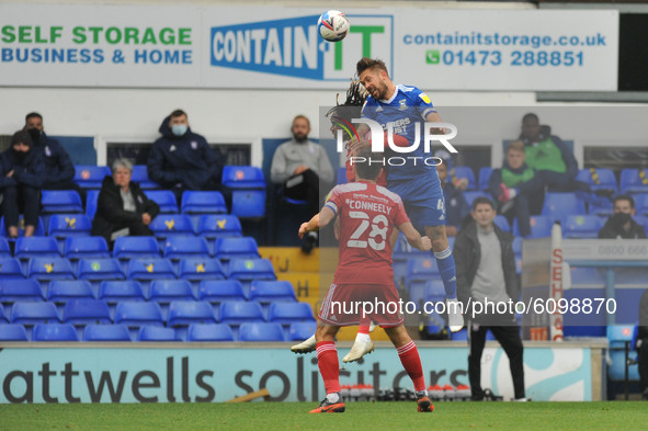 Ipswichs Luke Chambers Beats Accringtons Tarqi Uwakwe to the ball during the Sky Bet League 1 match between Ipswich Town and Accrington Stan...