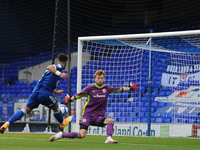 Ipswichs Keanan Bennetts sees his shot saved by Accringtons Toby Savin during the Sky Bet League 1 match between Ipswich Town and Accrington...