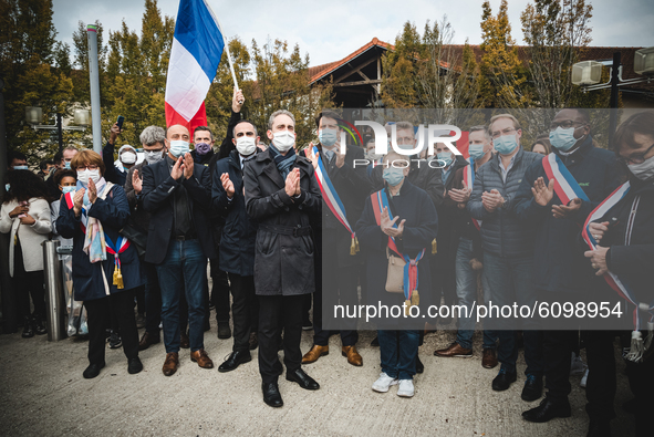 Elected representatives in front of the Bois d Aulne school, the day after the assassination of teacher Samuel Paty in Conflans-Sainte-Honor...
