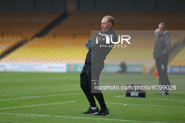 Salford interim manager Paul Scholes in the dugout during of the Sky Bet League 2 match between Port Vale and Salford City at Vale Park, Bur...
