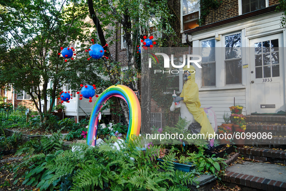 A view of a Covid-19 themed Halloween decorations  in Sunnyside, Queens, New York on October 15, 2020. 