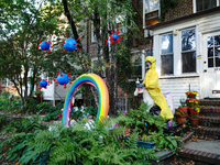 A view of a Covid-19 themed Halloween decorations  in Sunnyside, Queens, New York on October 15, 2020. (