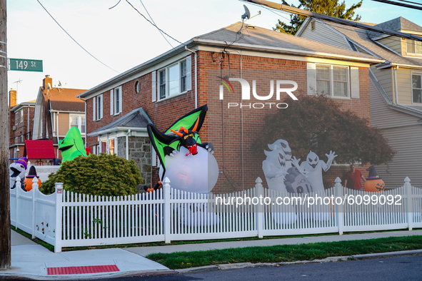 A view of Halloween decorations in Whitestone, Queens, New York on October 15, 2020. 
