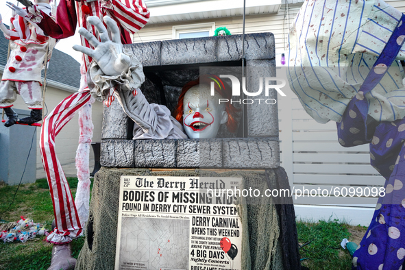 A view of Halloween decorations in Whitestone, Queens, New York on October 15, 2020. 