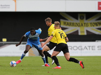 Yoan Zouma of Barrow \uaw\ Jonathan Stead and Calvin Miller during the Sky Bet League 2 match between Harrogate Town and Barrow at Wetherby...