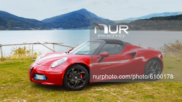 (EDITOR'S NOTE: Plate Number was obscured in accordance to Italian Law) A view of the Alfa Romeo 4C Spider, at Lago di Campotosto (''Toughfi...