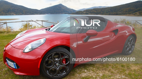 (EDITOR'S NOTE: Plate Number was obscured in accordance to Italian Law) A view of the Alfa Romeo 4C Spider, at Lago di Campotosto (''Toughfi...