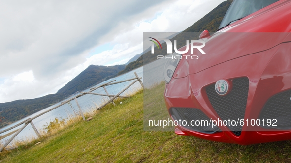 A view of the Alfa Romeo 4C Spider, at Lago di Campotosto (''Toughfield Lake''), near L'Aquila, Italy, on October 4, 2020. The Alfa Romeo 4C...