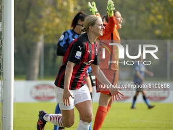 Natasha Khalila Dowie of AC Milan celebrates after scoring the his second goal during the Women Serie A match between AC Milan and FC Intern...