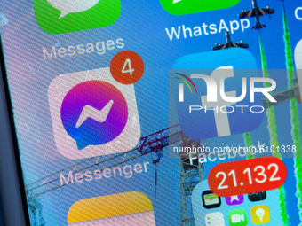New version of Messenger with purple icon in L'Aquila (Italy) on October 18, 2020. Facebook, Messenger app updates and its logo turns purple...
