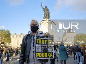 People gathered in place de la Republique in Paris, France, on October 18, 2020 to pay homage to Samuel Paty, a teacher at the College du Bo...