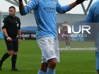  Citys Felix Nmecha celebrates making it 3-0 during the Premier League 2 match between Manchester City and Leicester City at the  Academy St...