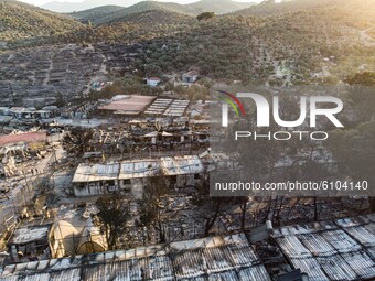 Panoramic view from a drone of the aftermath of the first fire in Moria Refugee camp and the nearby olive groves. Thousands of asylum seeker...