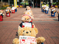 Teddy Bears are placed in a manner at in front of the Mapo district office during a press conferenceon October 20, 2020 in Seoul, South Kore...