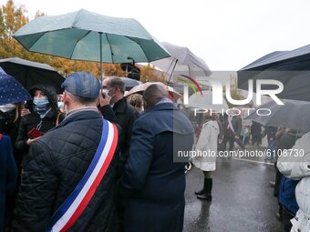 Elected representatives gather at the middle school in Conflans-Sainte-Honorine, northwest of Paris, on October 20, 2020 during the 'Marche...