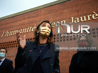Carole Delga (golden face mask), head of the Regional Council gives a press conference in front of the Regional Council on the killing of Sa...