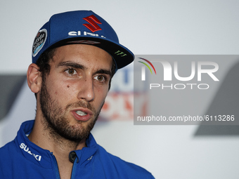 Alex Rins (42) of Spain and Team Suzuki Ecstar during the press conference ahead of the MotoGP of Teruel at Motorland Aragon Circuit on Octo...