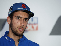 Alex Rins (42) of Spain and Team Suzuki Ecstar during the press conference ahead of the MotoGP of Teruel at Motorland Aragon Circuit on Octo...