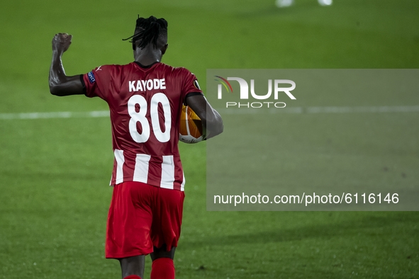 Forward  of Sivasspor Olarenwaju Kayodecelebrate after scoring the 1-1 goal with   during  Europa League  match betwee Villarreal CF and Siv...