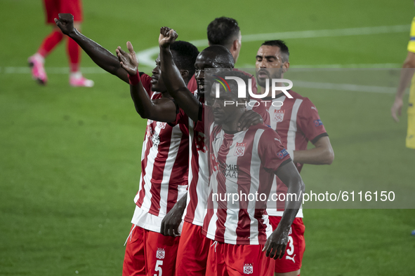 Forward  of Sivasspor Olarenwaju Kayode celebrate after scoring the 1-1 goal with his teammate   during  Europa League  match betwee Villarr...