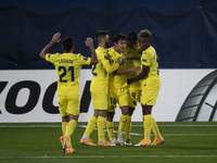 Takefusa Kubo of Villarreal CF celebrate after scoring the 1-0 goal with his teammate   during  Europa League  match betwee Villarreal CF an...