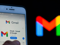 An user opening Gmail App with the new logo in L'Aquila, Italy, on October 23, 2020. After seven years Google Mail Gmail changes its logo. (